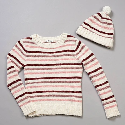 Girls (7-12) Derek Heart Stripe Chenille Sweater & Beanie