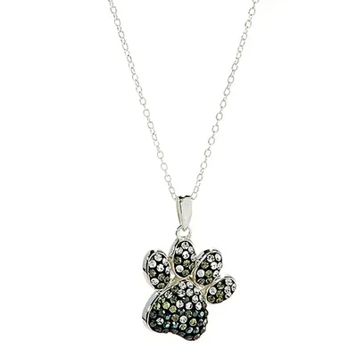 Silver Plated Black Ombre Crystal Paw Print Pendant Necklace