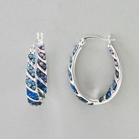 Silver Plated Inside Out Blue Crystals Oval Hoop Earrings