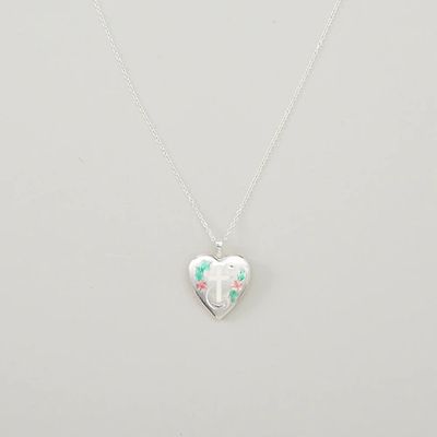 Sterling Silver Floral Cross Heart Locket Pendant Necklace