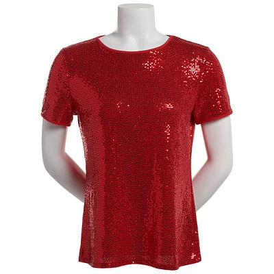 Womens Anne Klein Short Sleeve Sequin Crew Neck Blouse