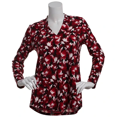 Womens Anne Klein Long Sleeve V-Neck Floral Pleat Front Blouse