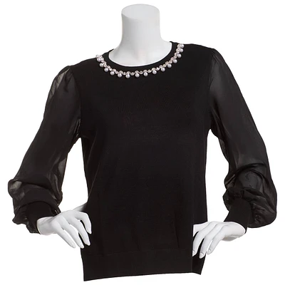 Womens Adrianna Papell Long Sleeve Pearl Trim Neck Sweater