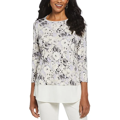 Petite Rafaella 3/4 Sleeve Button Shoulder Floral Two In One Top