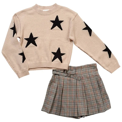 Girls (7-16) Tween Diva Star Sweater & Plaid Pleated Skort