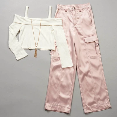 Girls (7-16) Tween Diva Cold Shoulder Top & Satin Cargo Pants