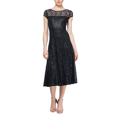 Womens SLNY Cap Sleeve Sequin Lace Tea Length Midi Dress