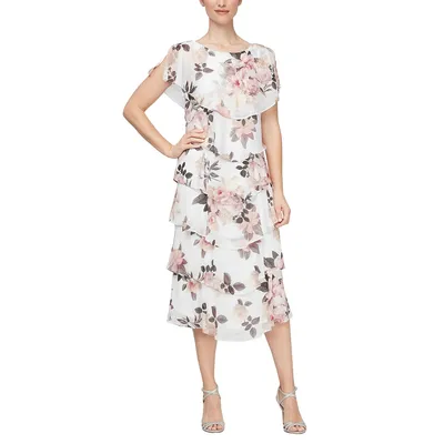 Womens SLNY Knee Length Floral Tier Shift Dress