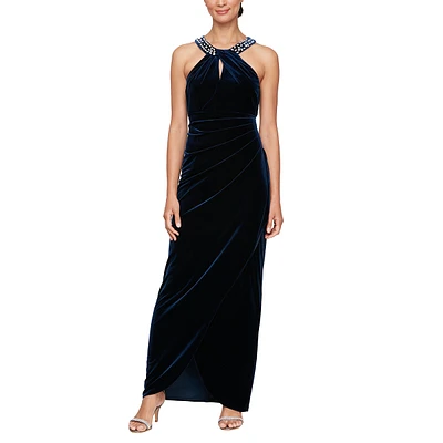 Womens SLNY Sleeveless Beaded Halter Neck Velvet Evening Gown