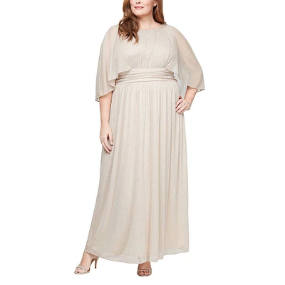 Plus Size SLNY Glitter Mesh Capelet Sleeves Evening Gown