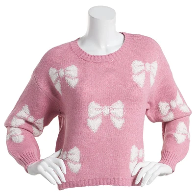 Juniors No Comment Boucle Bows Drop Shoulder Pullover Sweater