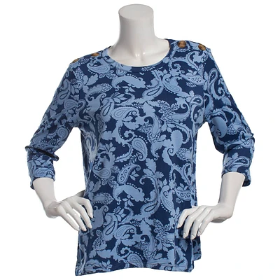 Womens Hasting & Smith 3/4 Sleeve Paisley Button Shoulder Tee