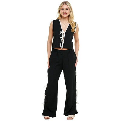 Juniors No Comment Solid Double Tie Vest & Side Pants Set
