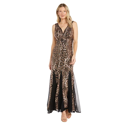 Womens R&M Richards Sequin Gown with V-Neck Godets