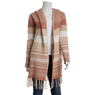 Womens Absolutely Famous Hooded Stripe Fringe Hem Cardigan