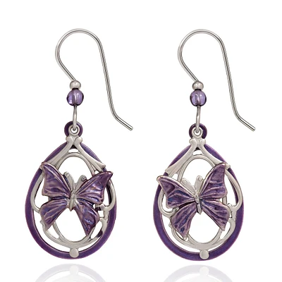 Silver Forest Silver-Tone Purple Butterfly Drop Earrings