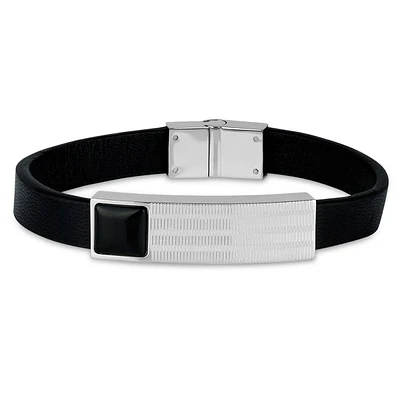 Mens Forever New Stainless Steel & Leather Black Agate Bracelet