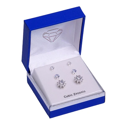 3pr. CZ Round & Flower Stud Earrings Set