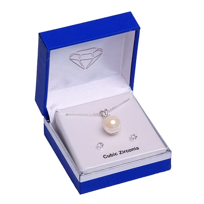 Silver-Tone CZ & Pearl Pendant & Earrings Set