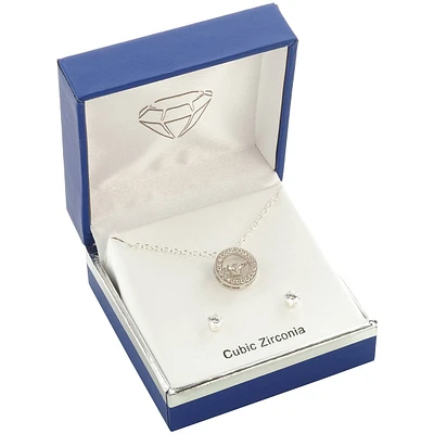 Silver-Tone CZ Circle Pendant & 4mm Round CZ Earrings Set