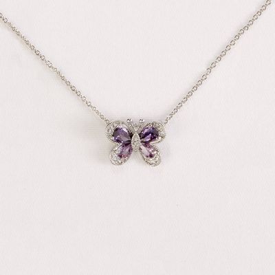 Silver-Tone Brass Amethyst Butterfly CZ Pendant