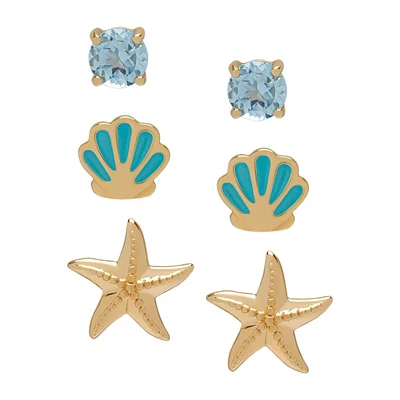 3pr. Gold Plated Sea Life Stud Earrings