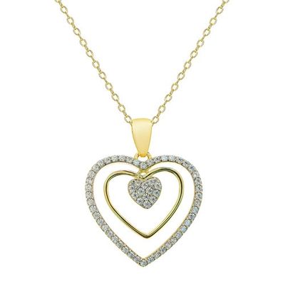 Gold Over Sterling CZ Triple Heart Pendant Necklace