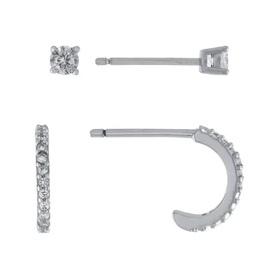 Athra Sterling Silver CZ Stud & Hoop Earrings Set