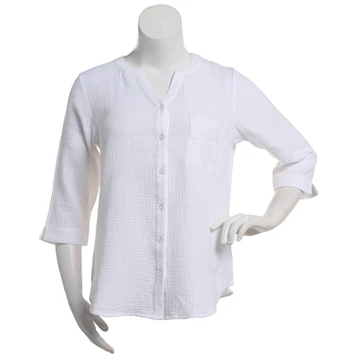 Petite Napa Valley 3/4 Sleeve Button Front Gauze Blouse