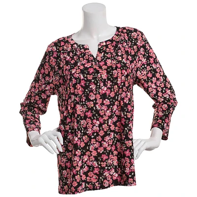 Womens Napa Valley 3/4 Sleeve Pintuck Floral Henley Blouse