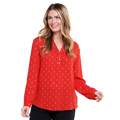 Womens Zac & Rachel Long Sleeve Foil Henley Blouse