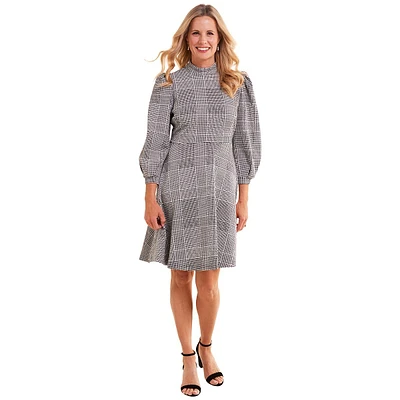 Womens Sharagano 3/4 Sleeve Mock Neck Plaid A-Line Dress