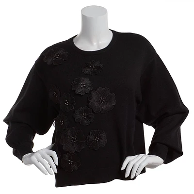 Womens Nicole Miller Long Sleeve 3D Floral Crew Neck Sweater