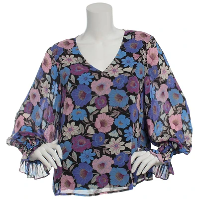 Womens Nicole Miller Long Sleeve Floral V-Neck Blouse