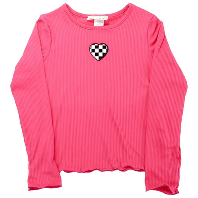 Girls (7-12) Dream Girl Check Heart Long Sleeve Ribbed Baby Tee