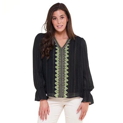 Womens OneWorld Long Sleeve V-Neck Embroidered Blouse