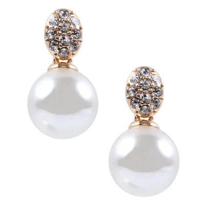 Anne Klein Gold-Tone Crystal & White Pearl Drop Earrings