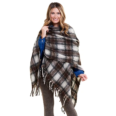 Womens Altare Woven Classic Plaid Ruana With Fringes