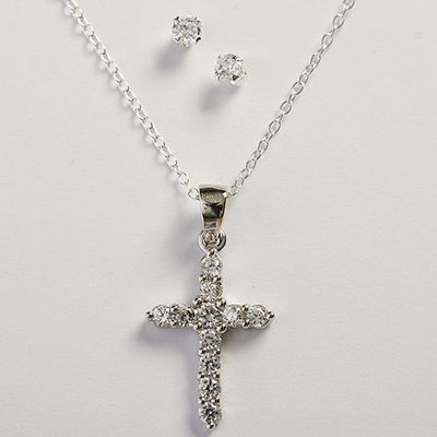 Kids Sterling Silver CZ Cross Necklace & Earrings Set