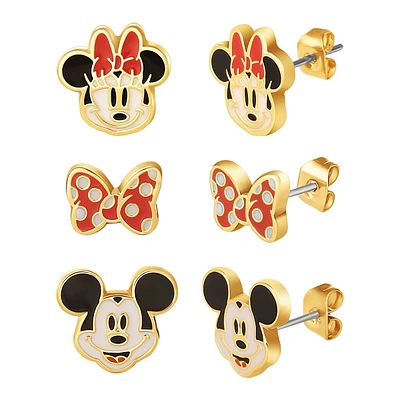 Brass 3pr. Minnie Mouse & Mickey Mouse Stud Earrings Set