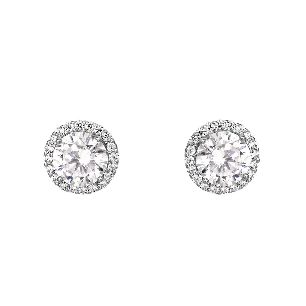 Splendere Sterling Silver Round CZ Halo Stud Earrings