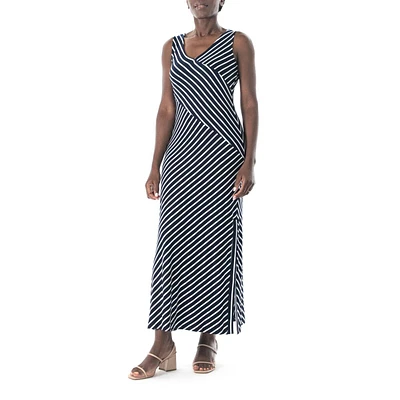 Womens Nina Leonard Sleeveless Asymmetric Stripe Maxi Dress-Navy