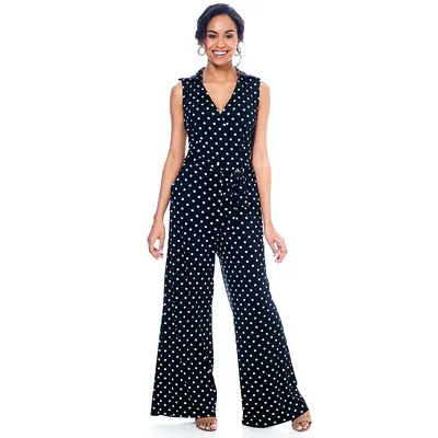 Womens Nina Leonard Sleeveless Dot Print Collar Belted Jumpsuit