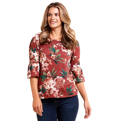 Womens C'est La Vie 3/4 Sleeve Multi Floral Flounce Cuff Tee