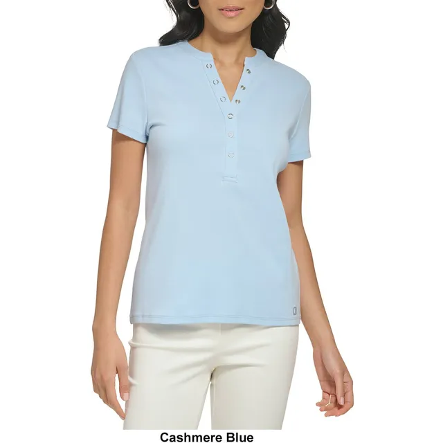 Calvin Klein Womens Calvin Klein Short Sleeve Rib Henley Striped Knit Top |  Connecticut Post Mall
