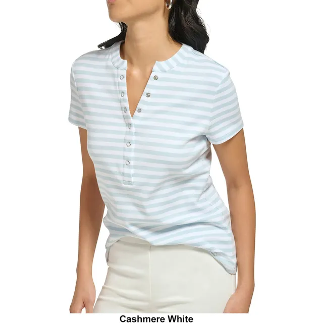 Calvin Klein Womens Calvin Klein Short Sleeve Rib Henley Striped Knit Top |  Connecticut Post Mall