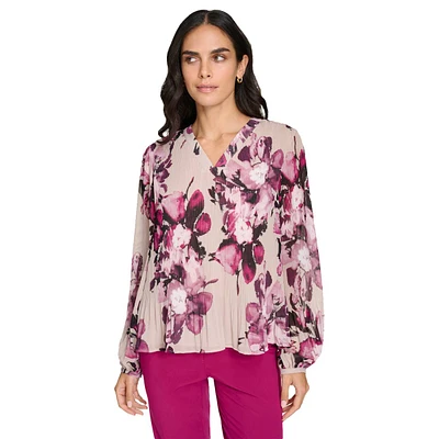 Womens Calvin Klein Long Sleeve Floral Pleated Blouse