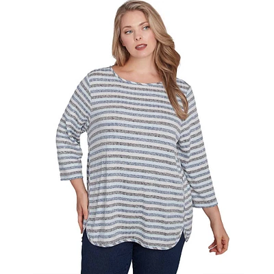 Plus Size Ruby Rd. Casual Luxe 3/4 Sleeve Stripe Rib-Knit Tee