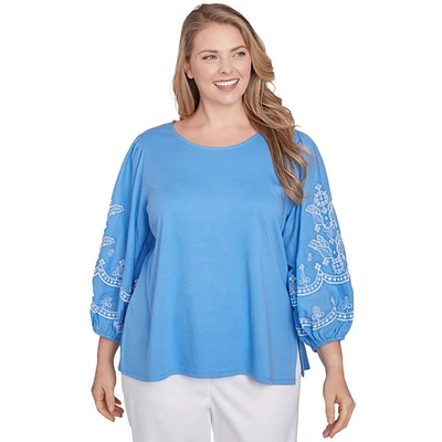 Plus Size Ruby Rd. Bella Vista Knit Embroidered Sleeve Blouse