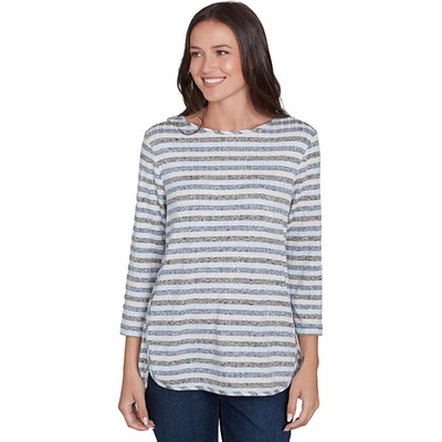 Womens Ruby Rd. Casual Luxe 3/4 Sleeve Stripe Rib-Knit Tee